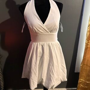Backless White Halter Ruffle Dress